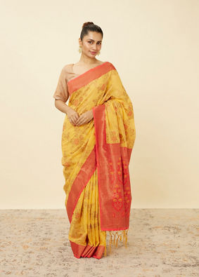 Tangerine Yellow Saree with Floral Pattern image number 0